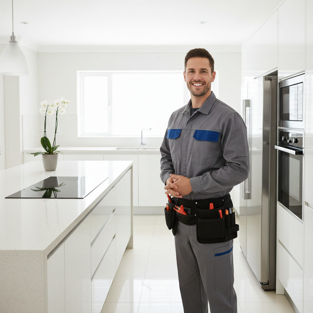 Smiling appliance repair technician in a modern kitchen