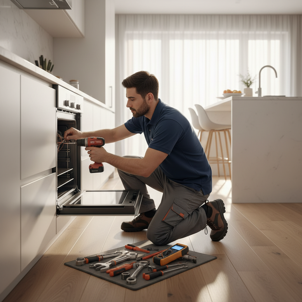 Technician repairing a built-in oven